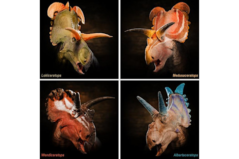 Portrait reconstructions of all four centrosaurine dinosaurs that lived together in the Kennedy Coulee Assemblage of northern Montana and southern Alberta.