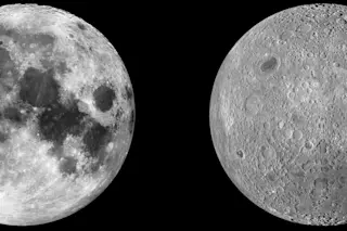 Near side of the moon (left) with large, flat plains represented by dark shapes. Far side of the moon appears (right) contains more craters