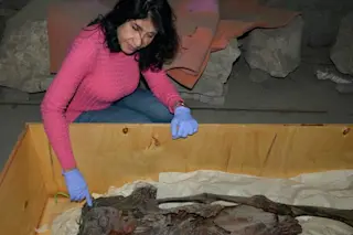 Professor of radiology, Sahar Saleem, with the Screaming Woman mummy 