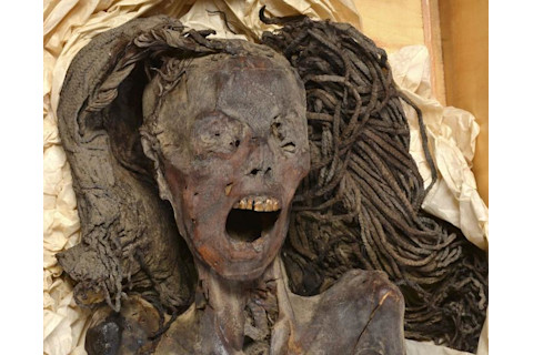 Up close of the Screaming Woman mummy's face