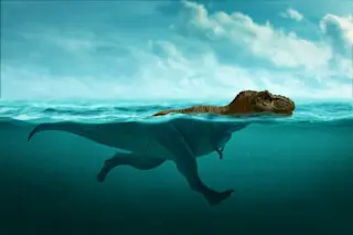 swimming trex with head above water