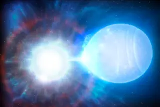 A digital illustration of the immense explosion of this double white dwarf binary star system, named WDJ181058.67+311940.94
