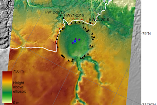A heatmap shows in green a circular crater depression in a red-and-yellow colored surrounding.