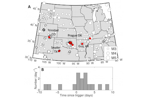 Map of wastewater injection-related seismic activity