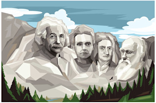 Mount Rushmore showing some of the most famous scientists, including Albert Einstein, Isaac Newton, and Charles Darwin.