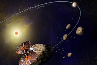 An illustration of NASA’s Lucy spacecraft. (Credit: SwRI)