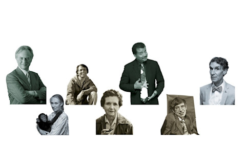 Famous Scientist Collage - Richard Dawkins, Carl Sagan, Neil deGrasse Tyson, Bill Nye, Jane Goodall, Rachel Carson, Stephen Hawking