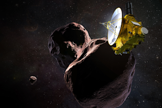 An illustration of the New Horizons spacecraft flying by the Kuiper Belt object Ultima Thule. (Credit: NASA / JPL / JHUAPL)