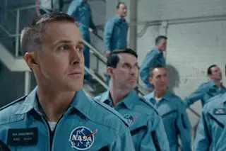 Neil Armstrong (left) as portrayed by Ryan Gosling in First Man (Credit: Universal)