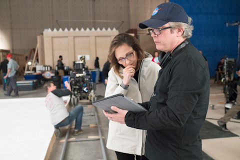 Ann Druyan with executive producer Brannon Braga on the set of Cosmos: Possible Worlds. (Credit: Lewis Jacobs/FOX)