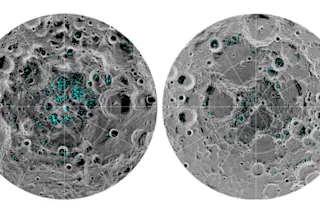 Here there be water! The maps show the distribution of surface ice at the Moon's south (left) and north (right) poles. (Credit: NASA)