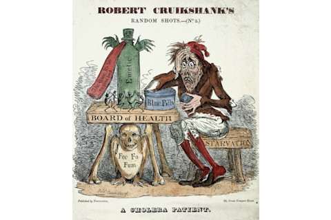 An 1832 etching by Robert Cruikshank, "A Cholera Patient," displaying assorted remedies and their attendant anxieties. IV therapy is excluded. Image: Robert Cruikshank. Source: Wellcome Collection. Click for source.