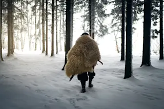 Rear view of medieval warrior walking in the forest during sunset - stock photo