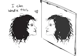 woman looking in mirror illustration - shutterstock
