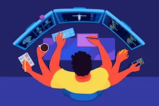 multitasking concept illustration worker at a desk many hands and screens - shutterstock