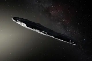 Illustration of &#096;Oumuamua, the first-known interstellar asteroid. Its unusual shape and color offer cryptic clues about the nature of objects from other solar systems. (Credit: ESO/M. Kornmesser) 