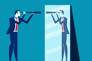 person wearing suit holding telescope looking in mirror 