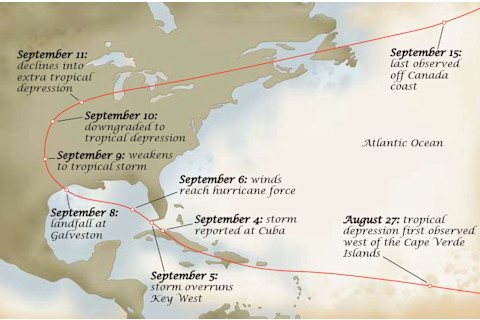 map of path of galveston hurricane 1900 texas