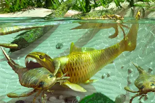 Illustration depicting a cycle of life in a lake during the Devonian Period
