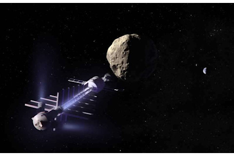 a spaceship flying next to an asteroid