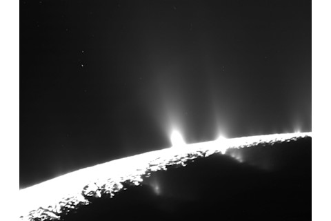 Cassini image of plumes bursting from the surface of Enceladus. (Credit: NASA:JPL-Caltech:Space Science Institute)