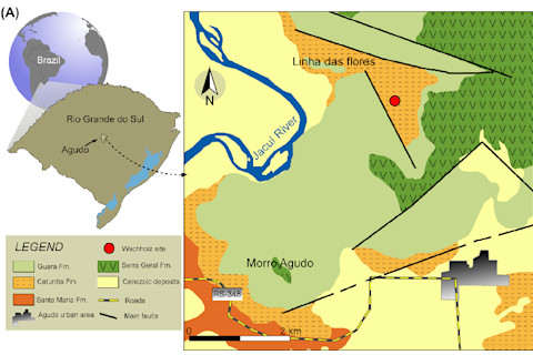 Brazil's southernmost state of Rio Grande do Sul is home to the fossilferous Wachholz site, near Agudo, where M. itaquii was found. (Credit: Zerfass et al 2007)