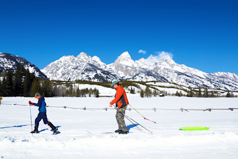 Family Cross-country skiing in Grand Teton National Park, Wyoming, USA