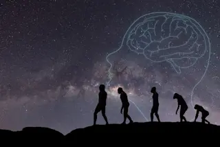 Human evolution, natural selection, from monkeys to modern humans. Anthropology and genetic heritage, against the background of the starry sky,milky way