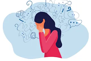 Woman suffers from obsessive thoughts; headache; unresolved issues; psychological trauma; depression.Mental stress panic mind disorder illustration