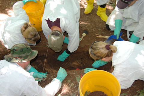 Researchers retreiving human remains from the soil at the Body Farm in Knoxville, TN