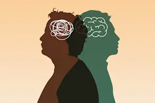 A silhouette on a yellow background of two human heads, one with a tangled brain. Mental health concept of empathy overload