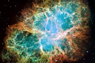 The Crab Nebula as imaged by the Hubble Space Telescopes' WFPC2 camera. Assembled from 24 individual exposures