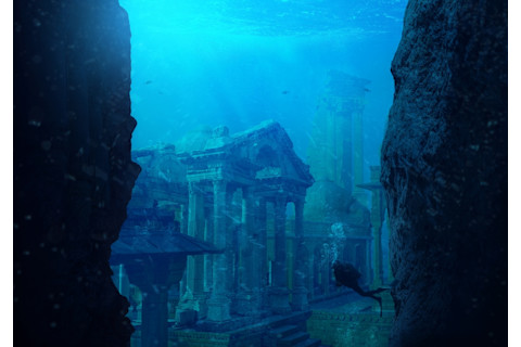 A scuba diver discovers the lost city of Atlantis conceptual theme