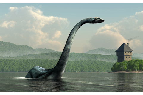 Nessie, the famed lake monster of Loch Ness in Scotland, rears out of the waters of the lake. A castle sits on the shores behind it.