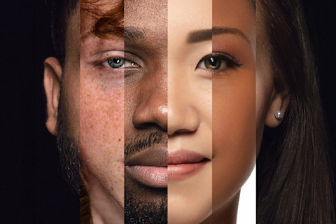 Human face made from different portrait of men and women of diverse age and race. Combination of faces. Humanity. Concept of social equality, human rights, freedom, diversity, acceptance