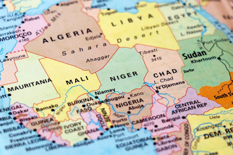 World map of Africa with close up focus in Niger, Chad, Nigeria, Benin and Burkina Faso, Mali and Algeria