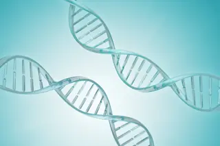 Two spiral DNA strand. Medical science blue background. 3D illustration for design. 