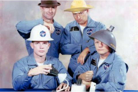 The Gemini 8 prime (Armstrong and Scott) and backup crew (Conrad and Gordon), displaying a sense of humour. NASA