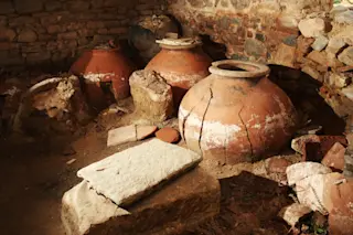 Pieces of ancient ceramic pottery indoor
