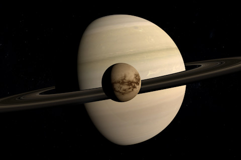 Titan, Saturn moon, rotating and orbiting around Saturn planet
