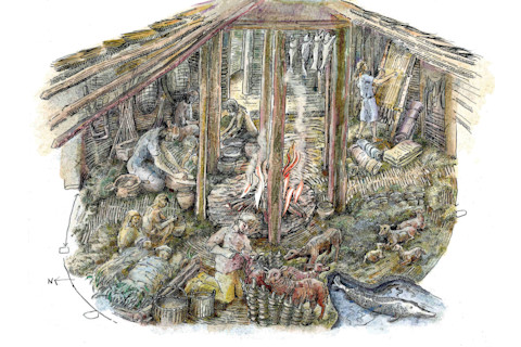 Illustration of domestic life inside one of the roundhouses