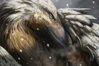 A feathered dinosaur protects its eggs in a nest amidst falling snow. Its brown and gray plumage suggests adaptations for cold climates, indicative of evolutionary traits for migration and survival