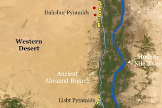 Map of Egypt showing the Nile River with key locations of major pyramids and annotations for pyramid ages and styles