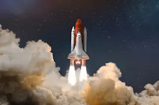 Space shuttle rocket launch in the clouds with stars to outer space. Space on background. Sky and clouds. Spaceship flight. Elements of this image furnished by NASA