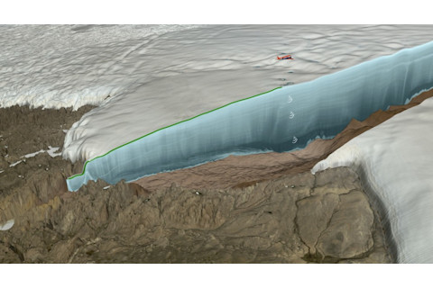 Rendition of the ice radar survey over Hiawatha Glacier by the Alfred Wegener Institute’s Polar 6 research aircraft.