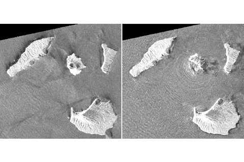 This combination of synthetic aperture radar images taken by JAXA's ALOS-2 satellite and analyzed by Geospatial Information Authority of Japan shows Indonesia's Anak Krakatau volcano