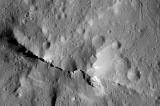 NASA's Dawn spacecraft captured this 12.5-mile-across close-up of the central peak of the 99-mile-wide Urvara impact crater on Ceres. 