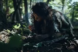 prehistoric woman foraging for vegetables in the forest