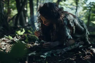 prehistoric woman foraging for vegetables in the forest