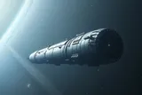 A cylindrical spacecraft travels through interstellar space.